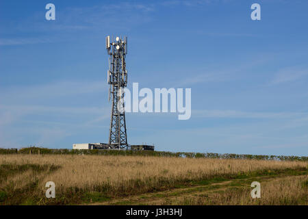 Un tipico della radio e della rete telefonica mobile telecommunications tower situare in terreni agricoli vicino Groomsport nella contea di Down, Irlanda del Nord fa un impres Foto Stock