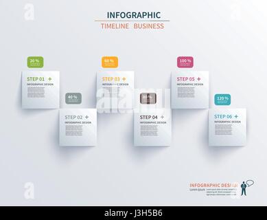 Business modello infographics 6 fasi con square. Può essere utilizzato per il layout di flusso di lavoro, diagramma, il numero delle opzioni, web design, presentazioni Illustrazione Vettoriale
