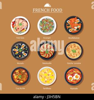 Set di vettore di cibo francese design piatto Illustrazione Vettoriale