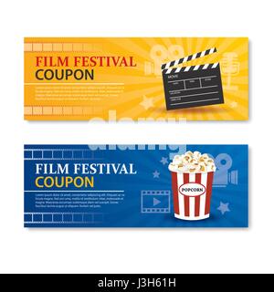 Film festival banner pubblicitari e coupon.Cinema film elemento scheda design. Illustrazione Vettoriale