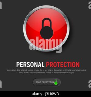 Progettazione di un nero di banner per il web con un rosso pulsante rotondo e un'icona di incernierato un lucchetto chiuso. Modello di protezione per il cloud, e-mail e carte bancarie. Ve Illustrazione Vettoriale