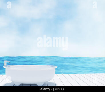 Interno di un bagno moderno con vista mare in 3D rendering Foto Stock