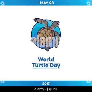 Mondo Turtle giorno, 23 maggio. Tartaruga di mare in un cerchio blu. Vettore disegnati a mano illustrazione, isolato su bianco Illustrazione Vettoriale