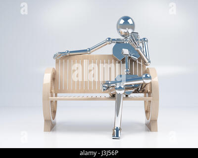 Metallo cromato robotica mobile tenendo il telefono in mano e seduta sul banco di legno su sfondo bianco Foto Stock