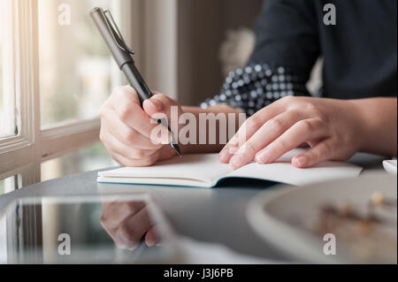 Donna mano che tiene la penna durante la scrittura sul notebook di piccole dimensioni accanto alla finestra. Il giornalista freelance che lavorano a casa concetto. Foto Stock