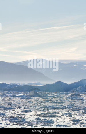 Un alloggiamento riempito di iceberg e bergy bit con montagne e ghiacciai visibili a distanza Foto Stock