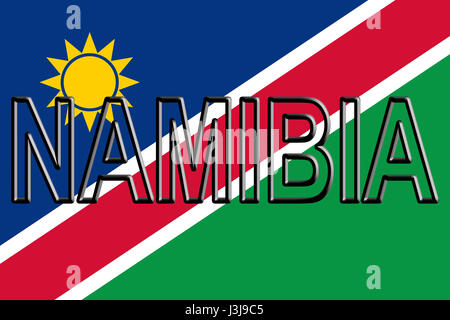 Illustrazione della bandiera nazionale con la Namibia per il paese scritta sulla bandiera. Foto Stock