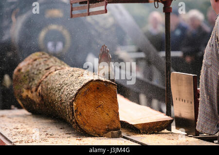 Una trazione motore aziona una vecchia segheria portatile tavola come tagli legname proveniente da un tronco di albero. Foto Stock