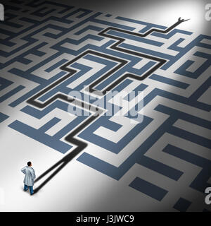 Health care soluzione o assistenza sanitaria il concetto di scoperta come l'ombra di un medico per risolvere un labirinto che rappresentano la ricerca medica di successo in un 3d illustrati Foto Stock