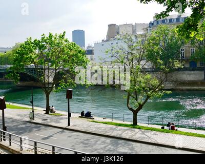 Persone rilassante lungo il fiume, Parc Rives de Seine, Voie Georges Pompidou di Parigi, Francia. Ex Georges-Pompidou express way. Foto Stock