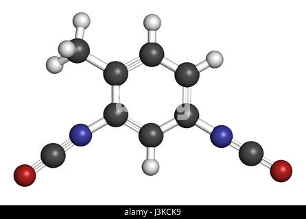 Toluene diisocianato (TDI, 2,4-TDI) poliuretano building block molecola. Può essere una sostanza cancerogena. Gli atomi sono rappresentati come sfere con convenzionali colo Foto Stock