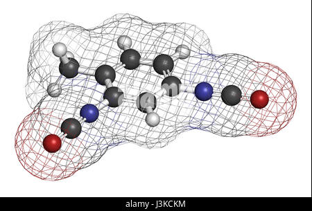 Toluene diisocianato (TDI, 2,4-TDI) poliuretano building block molecola. Può essere una sostanza cancerogena. Gli atomi sono rappresentati come sfere con convenzionali colo Foto Stock