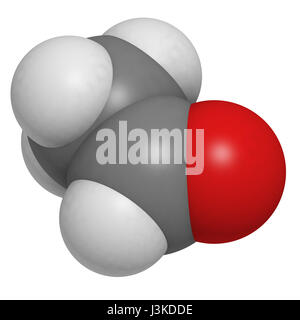 Acetaldeide (etanale) molecola, struttura chimica. L'acetaldeide è una molecola tossica responsabile di molti sintomi di alcol sbornia. Gli atomi sono rep Foto Stock