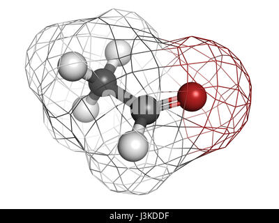 Acetaldeide (etanale) molecola, struttura chimica. L'acetaldeide è una molecola tossica responsabile di molti sintomi di alcol sbornia. Gli atomi sono rep Foto Stock