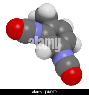 Toluene diisocianato (TDI, 2,4-TDI) poliuretano building block molecola. Può essere una sostanza cancerogena. Gli atomi sono rappresentati come sfere con convenzionali colo Foto Stock