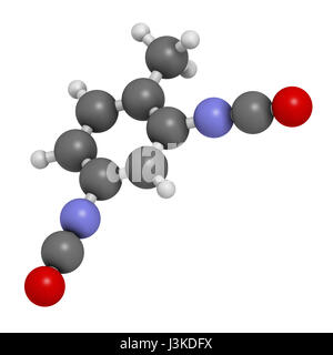 Toluene diisocianato (TDI, 2,4-TDI) poliuretano building block molecola. Può essere una sostanza cancerogena. Gli atomi sono rappresentati come sfere con convenzionali colo Foto Stock