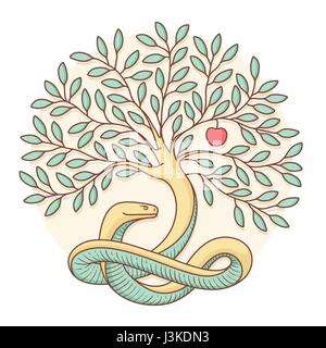 Albero della conoscenza del bene e del male con snake, apple. Design colorato. Illustrazione Vettoriale. Illustrazione Vettoriale