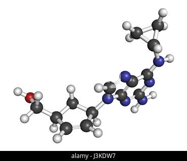 Abacavir (ABC) inibitore della trascrittasi inversa di farmaco. Usato nel trattamento delle infezioni da HIV e AIDS. Gli atomi sono rappresentati come sfere con convenzionali c Foto Stock