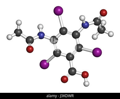 Acido Diatrizoic (diatrizoate, amidotrizoate) agente di contrasto molecola. Gli atomi sono rappresentati come sfere con i tradizionali colori: idrogeno (bianco Foto Stock