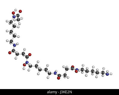 Deferossamina molecola di farmaco. Usato per il trattamento di avvelenamento di ferro (emocromatosi). Gli atomi sono rappresentati come sfere con i tradizionali colori: idrogeno Foto Stock