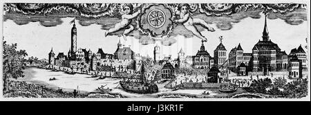 Hoechst am Main, 1800 circa, è una rappresentazione della città vicino a Francoforte, in Germania, che mostra la vita durante quell'epoca. L'immagine o la registrazione riflette aspetti storici della vita cittadina tedesca, probabilmente relativi all'architettura, alla struttura sociale o alle attività economiche all'inizio del XIX secolo. Foto Stock