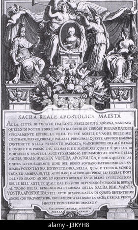 Il frontespizio di Giuseppe Zocchi è un esempio di arte italiana del XVIII secolo, con una dettagliata illustrazione o incisione. Il lavoro di Zocchiâ riflette tipicamente lo stile barocco italiano, enfatizzando il design intricato e la grandiosità nella rappresentazione dell'architettura e dei paesaggi. Foto Stock