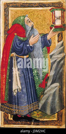 La carta dei tarocchi Hermit disegnata da Carlo vi presenta un uomo anziano con una lanterna e un bastone, che simboleggia saggezza, solitudine e introspezione. Questa carta incoraggia la riflessione e la scoperta di sé. Viene spesso interpretata come una chiamata a cercare una guida interiore e la contemplazione nel proprio viaggio di vita. Foto Stock