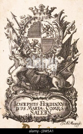 "Graf Salern Ex Libris 1763" è una libreria ex libris del XVIII secolo, specificamente appartenente al Graf Salern. Le librerie ex libris erano usate per indicare la proprietà dei libri, una pratica comune nel XVIII secolo. Foto Stock