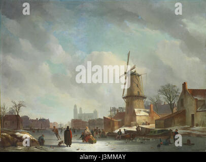 "IJsvermaak op een stadsgracht" è un dipinto olandese ospitato nel Rijksmuseum. L'opera raffigura una scena invernale di persone che amano pattinare su un canale cittadino, riflettendo la tradizione olandese del pattinaggio su ghiaccio durante gli inverni freddi. Foto Stock