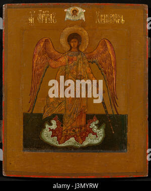 Questa icona russa del XIX secolo, raffigurante un angelo custode, fa parte della tradizione artistica dei vecchi credenti. I vecchi credenti, un gruppo religioso in Russia, hanno creato icone altamente dettagliate e simboliche, che sono fondamentali nelle loro pratiche religiose. Foto Stock