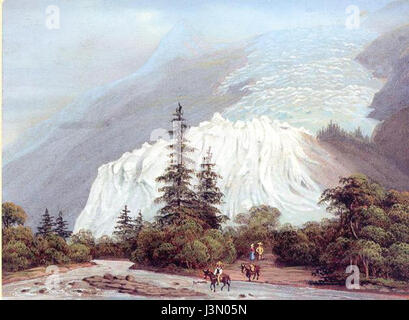 Questo titolo si riferisce a un'immagine o registrazione del Glacier des Bossons del 1830, situato nel massiccio del Monte bianco nelle Alpi francesi. L'immagine mostra probabilmente l'aspetto e il paesaggio del ghiacciaio durante l'inizio del XIX secolo. Foto Stock