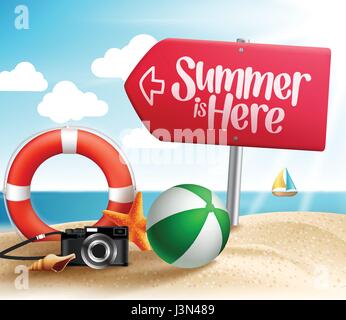 Vettore destinazione estiva per l'estate vacanza sulla spiaggia in riva al mare con il cartello stradale freccia e estate elementi nella sabbia. Illustrazione Vettoriale Illustrazione Vettoriale