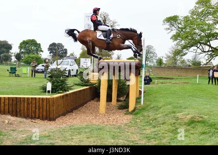 Sequenza fotografica di una spettacolare caduta a Keepers Question Fence 3 al Mitsubishi Motors Badminton Horse Trials 2017 con Topwood Beau ( no 43) con il pilota inglese Emily Gilruth (GBR ) che prende un tumble. Horse non è apparso male, ma la signora Gilruth, che è la sorella del deputato conservatore Matt Hancocks, è stata concusa e portata via su una barella da uomini di ambulanza. Foto Stock