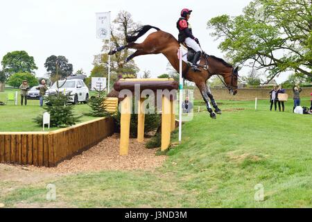 Sequenza fotografica di una spettacolare caduta a Keepers Question Fence 3 al Mitsubishi Motors Badminton Horse Trials 2017 con Topwood Beau ( no 43) con il pilota inglese Emily Gilruth (GBR ) che prende un tumble. Horse non è apparso male, ma la signora Gilruth, che è la sorella del deputato conservatore Matt Hancocks, è stata concusa e portata via su una barella da uomini di ambulanza. Foto Stock