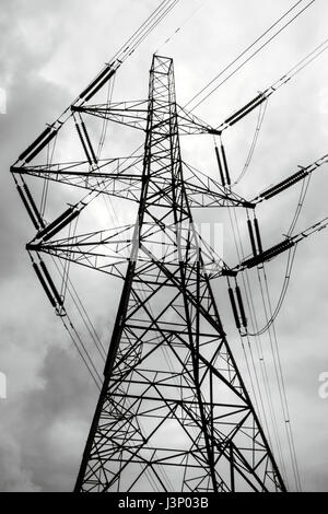 Un imponente pilone di elettricità e linee di alimentazione stagliano contro un cielo nuvoloso Foto Stock