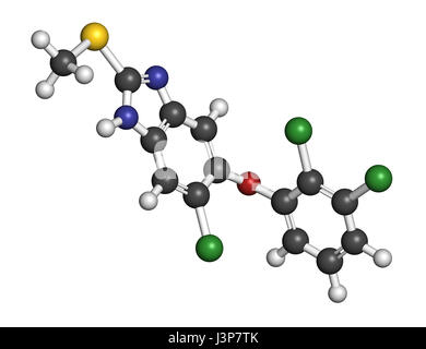 Triclabendazolo antielmintico molecola di farmaco. Gli atomi sono rappresentati come sfere con i tradizionali colori: idrogeno (bianco), carbonio (grigio), ossigeno ( Foto Stock