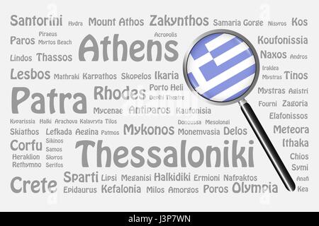 La lente di ingrandimento con la bandiera greca è sul lato destro del vettore. Lo sfondo è costituito dai nomi di grigio delle migliori destinazioni di viaggio Illustrazione Vettoriale