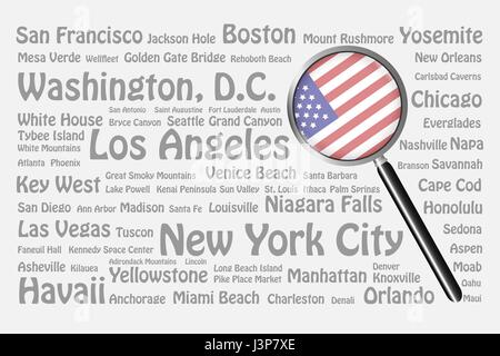 La lente di ingrandimento con la bandiera ci si trova sul lato destro del vettore. Lo sfondo è costituito dai nomi di grigio delle migliori destinazioni di viaggio, c Illustrazione Vettoriale