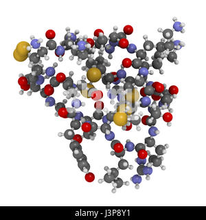 Ziconotide dolore molecola di farmaco. Forma sintetica di omega conotossina dal cono lumaca. Atomi come illustrato a colori codificati a sfere. Foto Stock