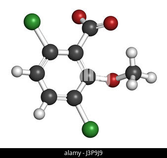 Erbicida dicamba molecola. Utilizzati nel controllo di erbaccia. Gli atomi sono rappresentati come sfere con i tradizionali colori: idrogeno (bianco), carbonio (grigio), Ox Foto Stock