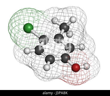 Il clorocresolo (p-clorocresolo) antisettico e conservante molecola. Gli atomi sono rappresentati come sfere con i tradizionali colori: idrogeno (bianco), Foto Stock