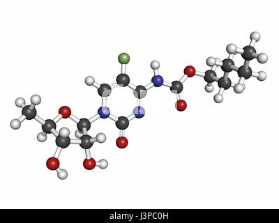 Capecitabine Cancro molecola di farmaco. Profarmaco di 5-fluorouracile (5-FU). Gli atomi sono rappresentati come sfere con i tradizionali colori: idrogeno (bianco) Foto Stock