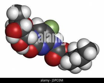 Capecitabine Cancro molecola di farmaco. Profarmaco di 5-fluorouracile (5-FU). Gli atomi sono rappresentati come sfere con i tradizionali colori: idrogeno (bianco) Foto Stock