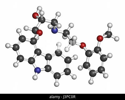 L carvediol insufficienza cardiaca congestizia molecola di farmaco. Gli atomi sono rappresentati come sfere con i tradizionali colori: idrogeno (bianco), carbonio (grigio), o Foto Stock