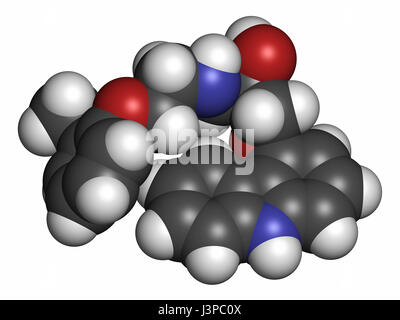 L carvediol insufficienza cardiaca congestizia molecola di farmaco. Gli atomi sono rappresentati come sfere con i tradizionali colori: idrogeno (bianco), carbonio (grigio), o Foto Stock