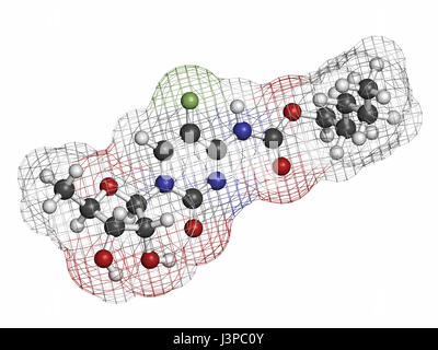 Capecitabine Cancro molecola di farmaco. Profarmaco di 5-fluorouracile (5-FU). Gli atomi sono rappresentati come sfere con i tradizionali colori: idrogeno (bianco) Foto Stock