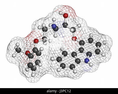 L carvediol insufficienza cardiaca congestizia molecola di farmaco. Gli atomi sono rappresentati come sfere con i tradizionali colori: idrogeno (bianco), carbonio (grigio), o Foto Stock