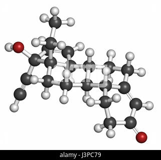 Il Gestodene progestogene contraccettivi ormonali molecola di farmaco. Gli atomi sono rappresentati come sfere con i tradizionali colori: idrogeno (bianco), carbonio Foto Stock