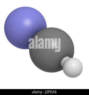 Acido cianidrico (HCN) poison molecola. È tipico di mandorla-come l'odore. Gli atomi sono rappresentati come sfere con i tradizionali colori: idrogeno (bianco Foto Stock