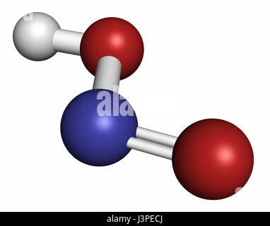 Acido nitrico (HNO2) acido minerale molecola. Gli atomi sono rappresentati come sfere con i tradizionali colori: idrogeno (bianco), Ossigeno (rosso), azoto ( Foto Stock